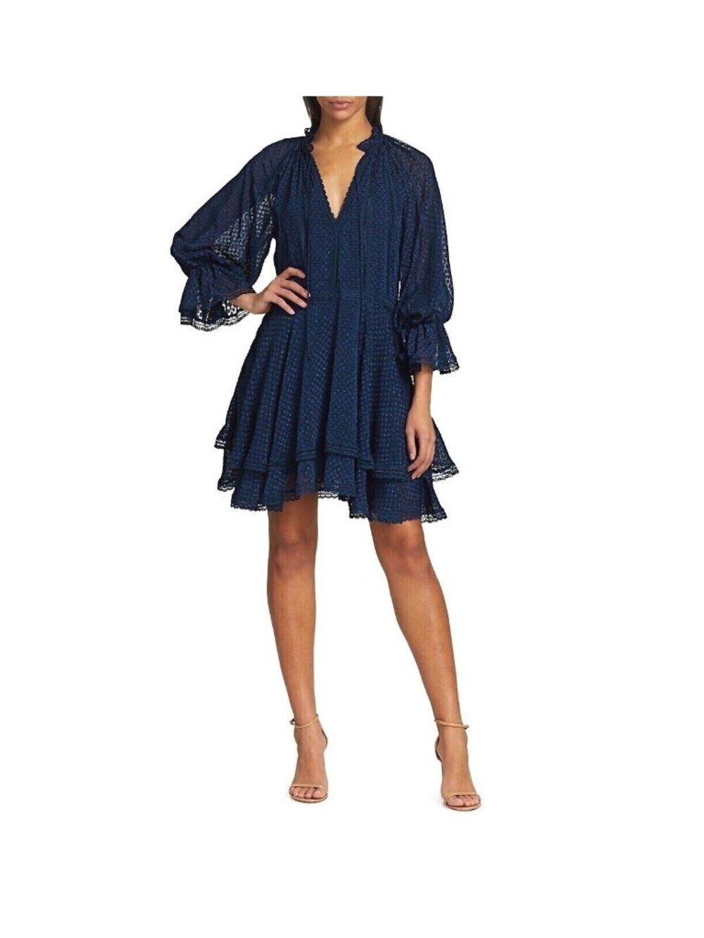 Alice + Olivia Joanne Women's Lace Trim Ruffle Tiered Dress Sapphire Blue Size 4
